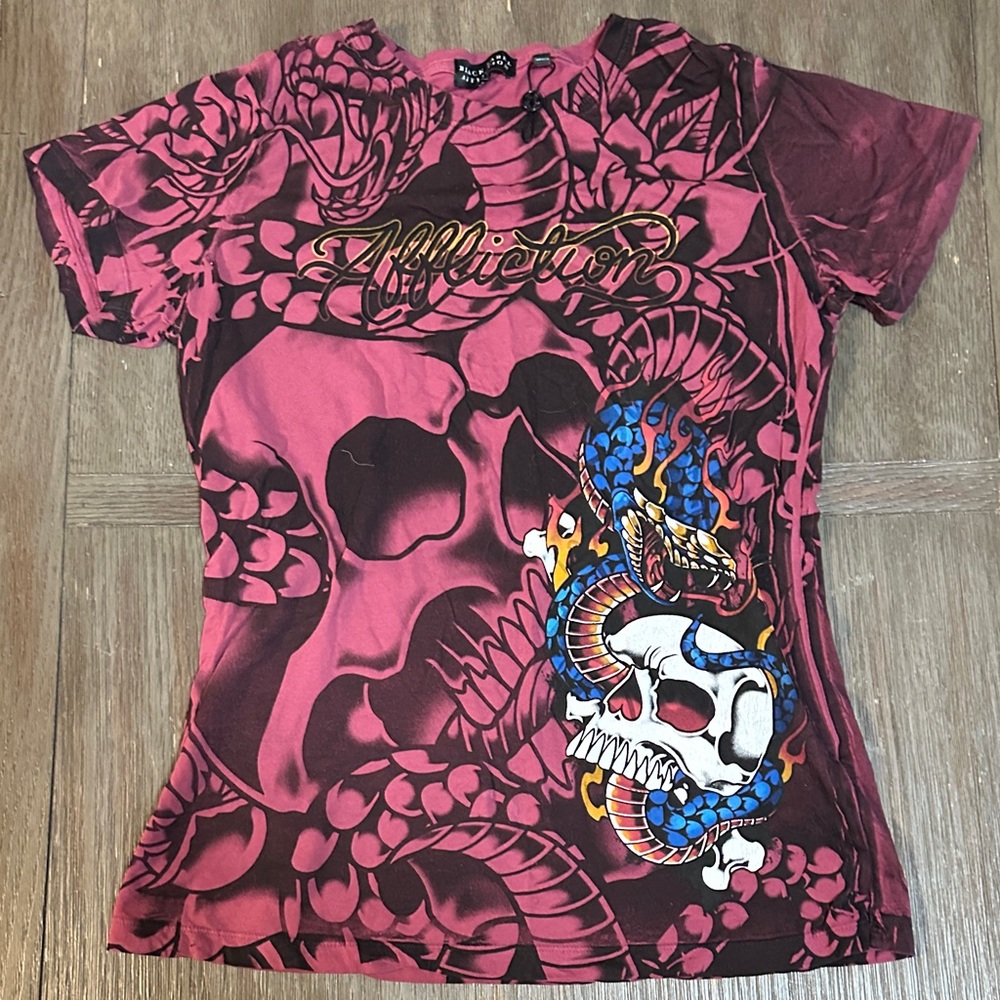 Affliction Maroon and Blue Skull Tee